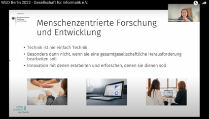 Screenshot des Vortrags (Folientitel: Menschenzentrierte Forschung und Entwicklung) mit einem kleinen Kamerabild von Elisabeth Schauermann
