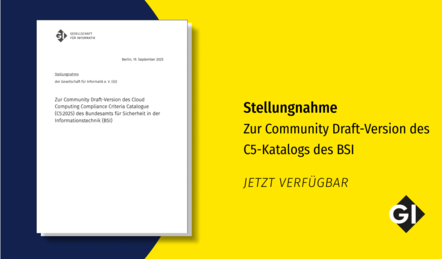 "Stellungnahme zur Community Draft-Version des C5-Katalogs des BSI. Jetzt verfügbar" steht vor einem gelben Hintergrund. Links ist ein Screenshot der Stellungnahme vor einem blauen Halbkreis