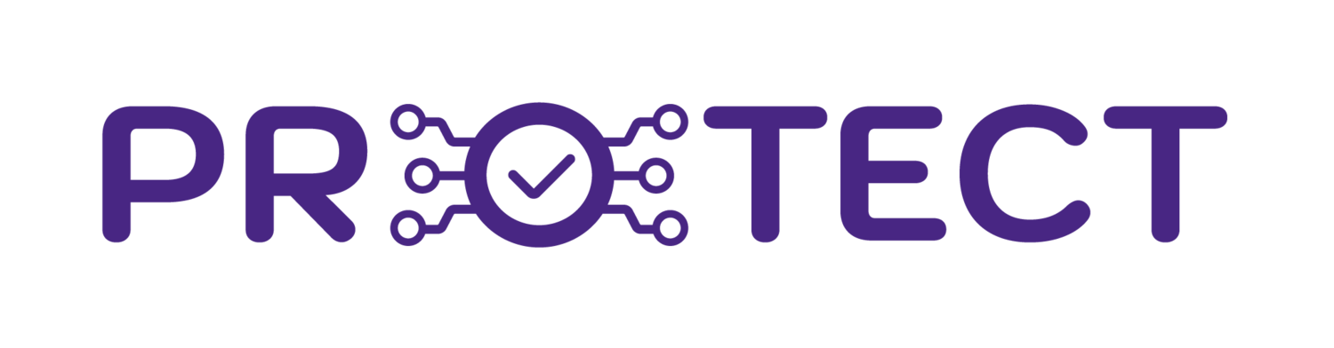 Label of the “PROTECT” project. The letters are in purple letters, the “O” is based on a circuit diagram, with a check mark in the middle