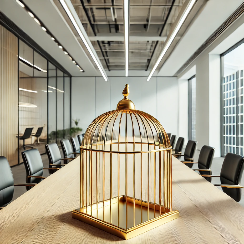 Symbolbild eines goldenen Käfigs auf einem Konferenztisch